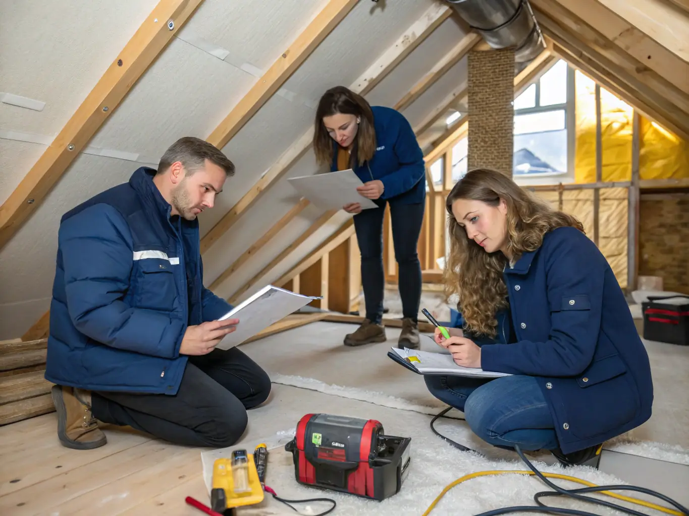 A team of professionals conducting a detailed energy audit in a residential home.