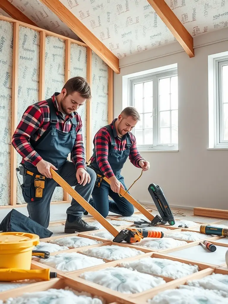 Certified professionals installing insulation in a home.